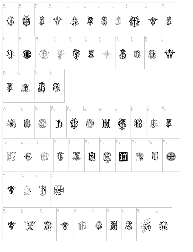 Intellecta Monograms Random Samples Seven font map
